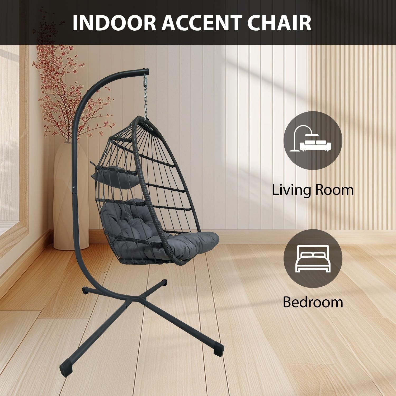 Light Grey Rattan Hanging Egg Chair with Stand | Indoor Outdoor Foldable Swing