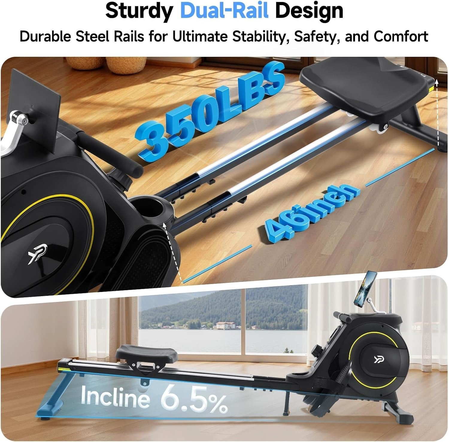 Magnetic Rowing Machine 16-Level Quiet Foldable Dual Rail 350LB App Home Rower