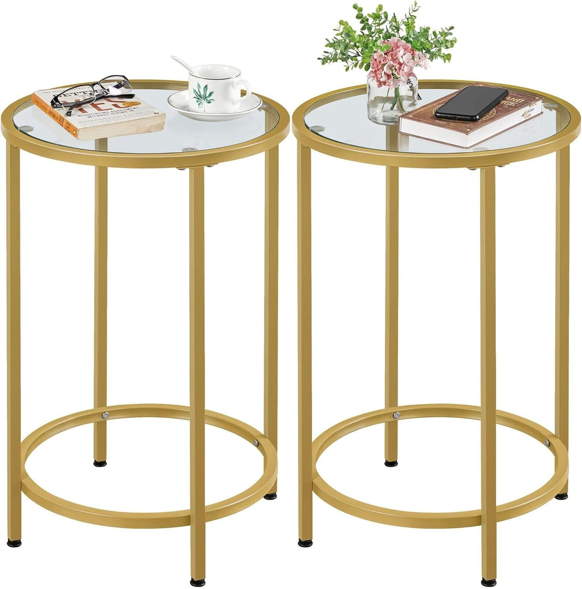 Set of 2 Modern Round Glass Top Side Tables, Gold Metal Frame, 40.5cm