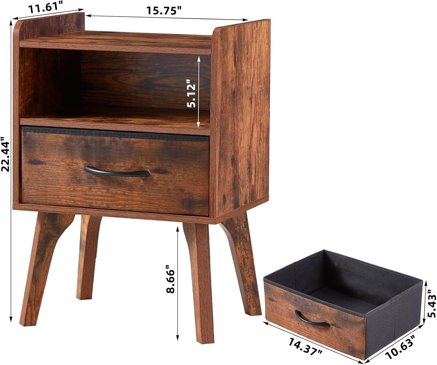 Mid Century Modern Bedside Table, Wooden Nightstand with Drawer & Open Shelf
