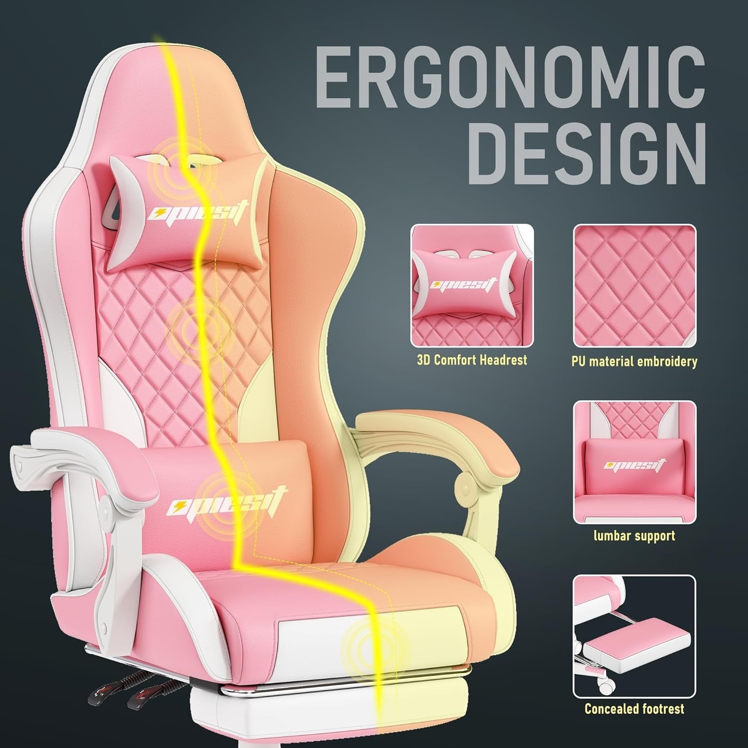 Ergonomic Gaming Chair with Footrest Reclining Pink PU