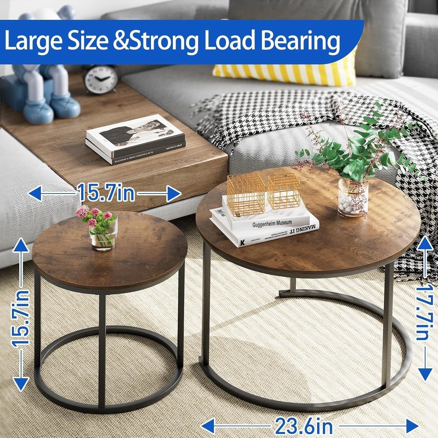 2-Piece Nesting Round Coffee Table Set with Brown Wood Top & Black Metal Frame