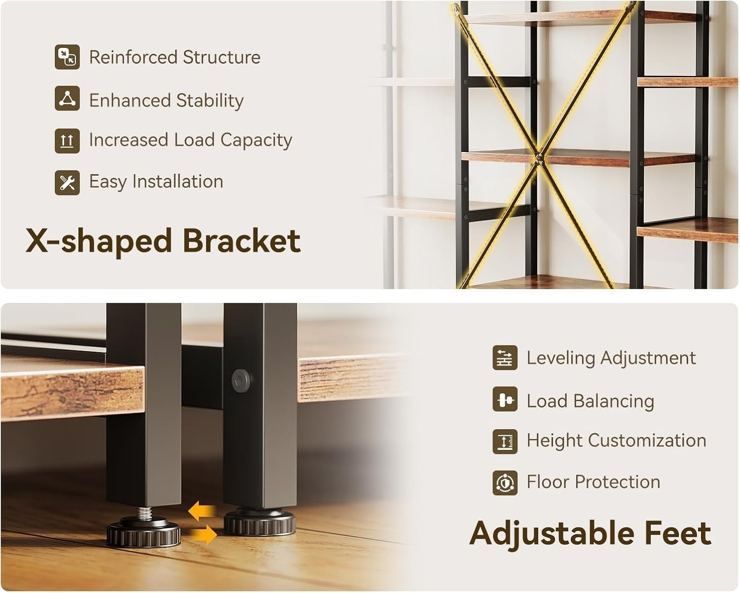 6 Tier Triple Bookshelf Industrial 14 Shelf Wide Bookcase Rustic Brown