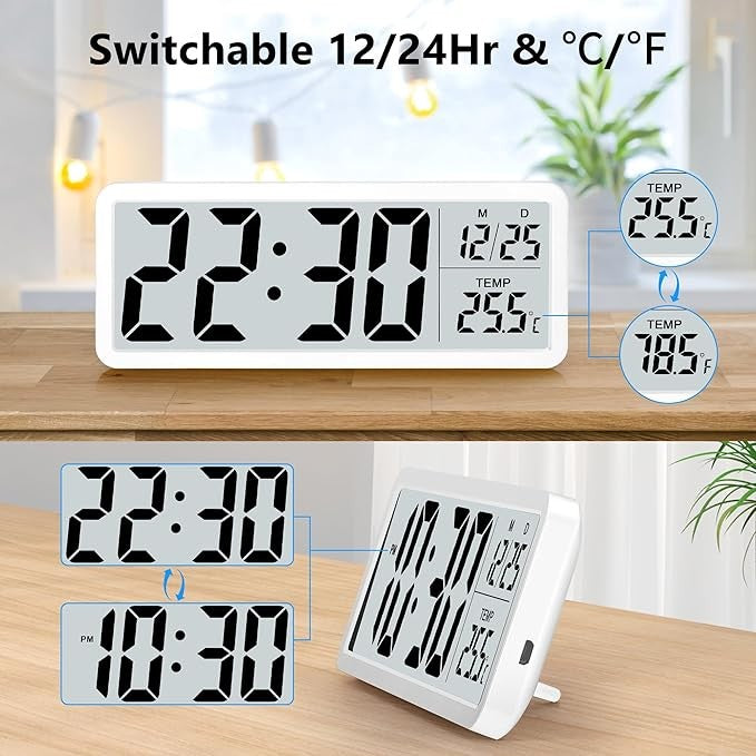 Large Digital Wall Clock Big Display Temp Date 12/24Hr Battery Powered Home