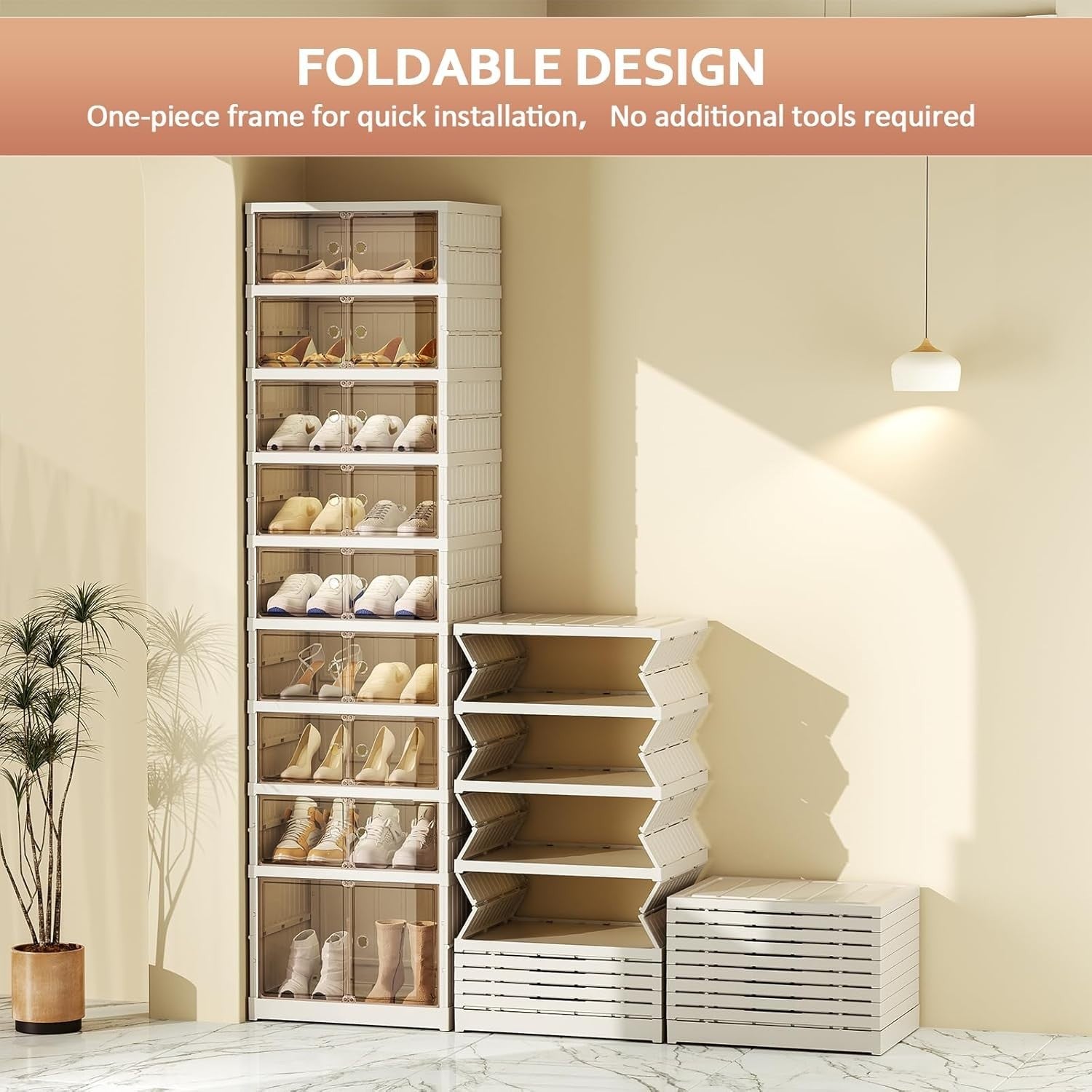 9-Tier Foldable Shoe Cabinet with Transparent Doors, 44x34.5x169 cm