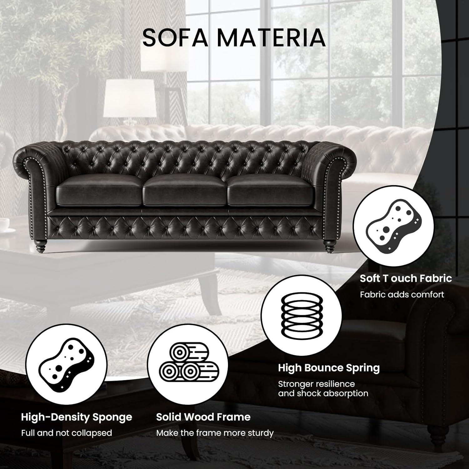 92" Chesterfield Full-Aniline Leather Sofa 3 Seater Classic Black Couch