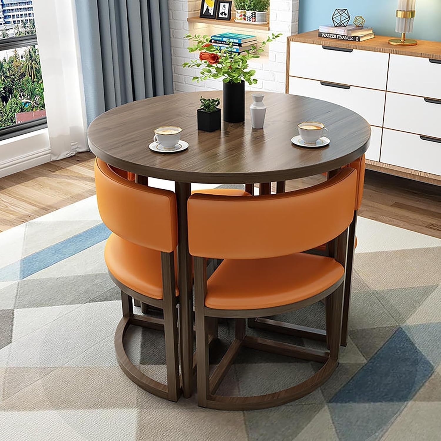 80cm Round Office Meeting Table Set – Leather Chair 5-Piece Space-Saving Desk