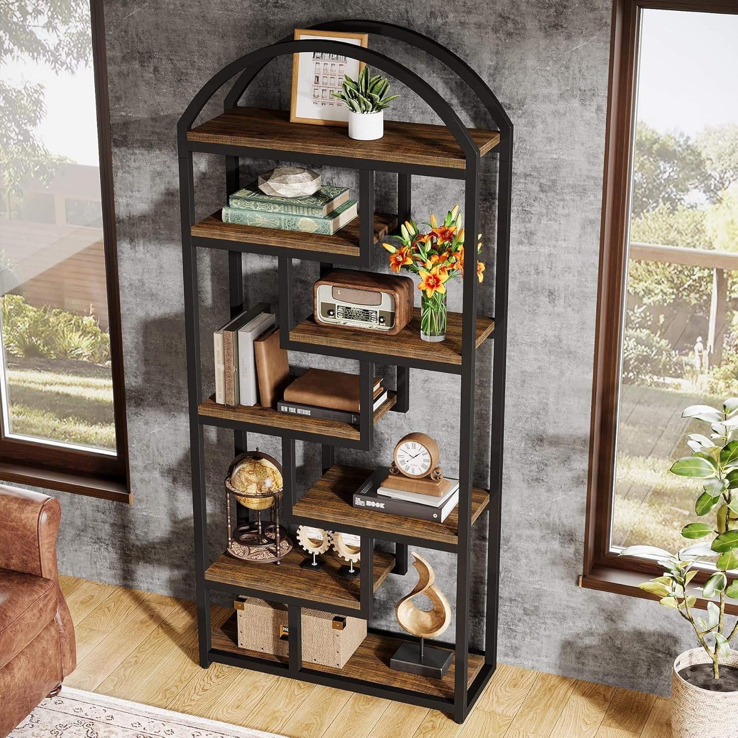 180cm Tall Arch Bookshelf | 7-Tier Rustic Industrial Wood & Metal Display Shelf