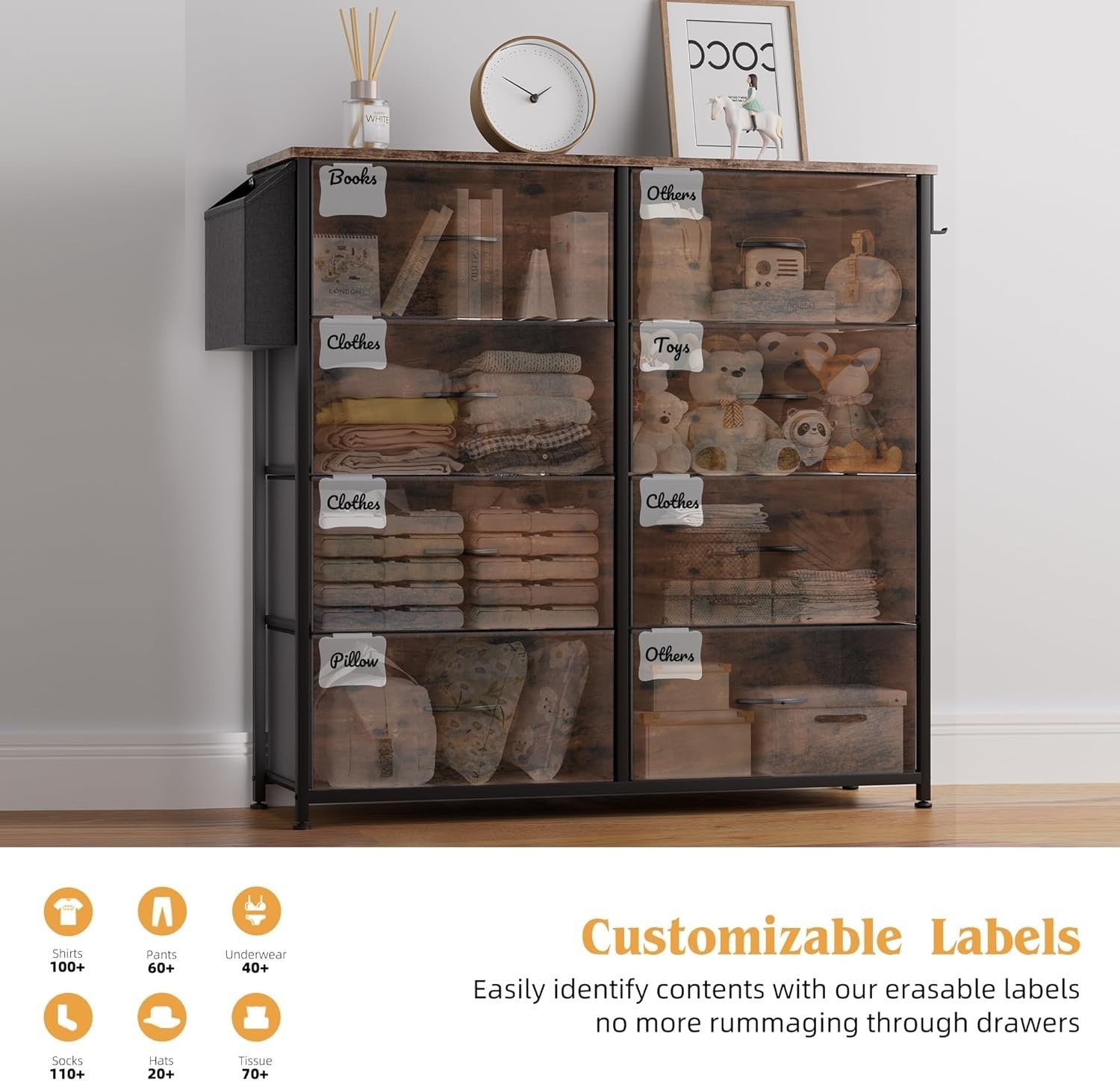 Rustic 8 Drawer Tall Fabric Storage Unit w/ Labels, Pocket & Wood Top