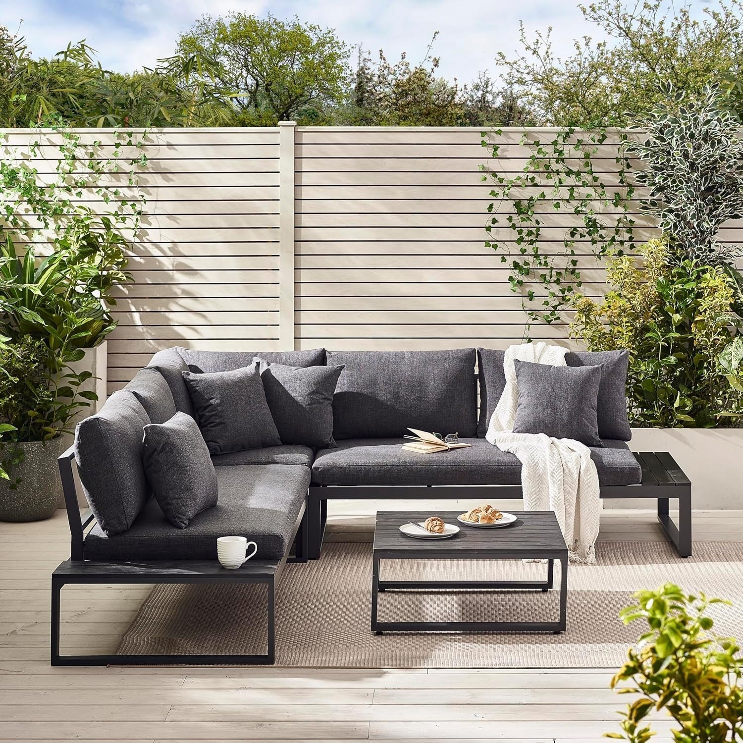 6-Seater Outdoor Corner Sofa Set Grey Metal Rattan Garden Lounge
