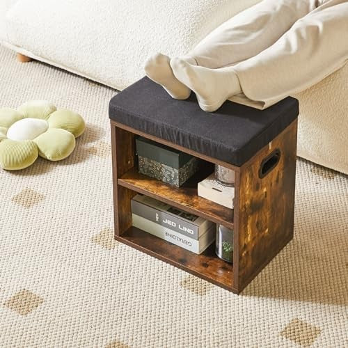 Rustic 2 Tier Shoe Bench with Cushion Adjustable Storage Seat for Entryway