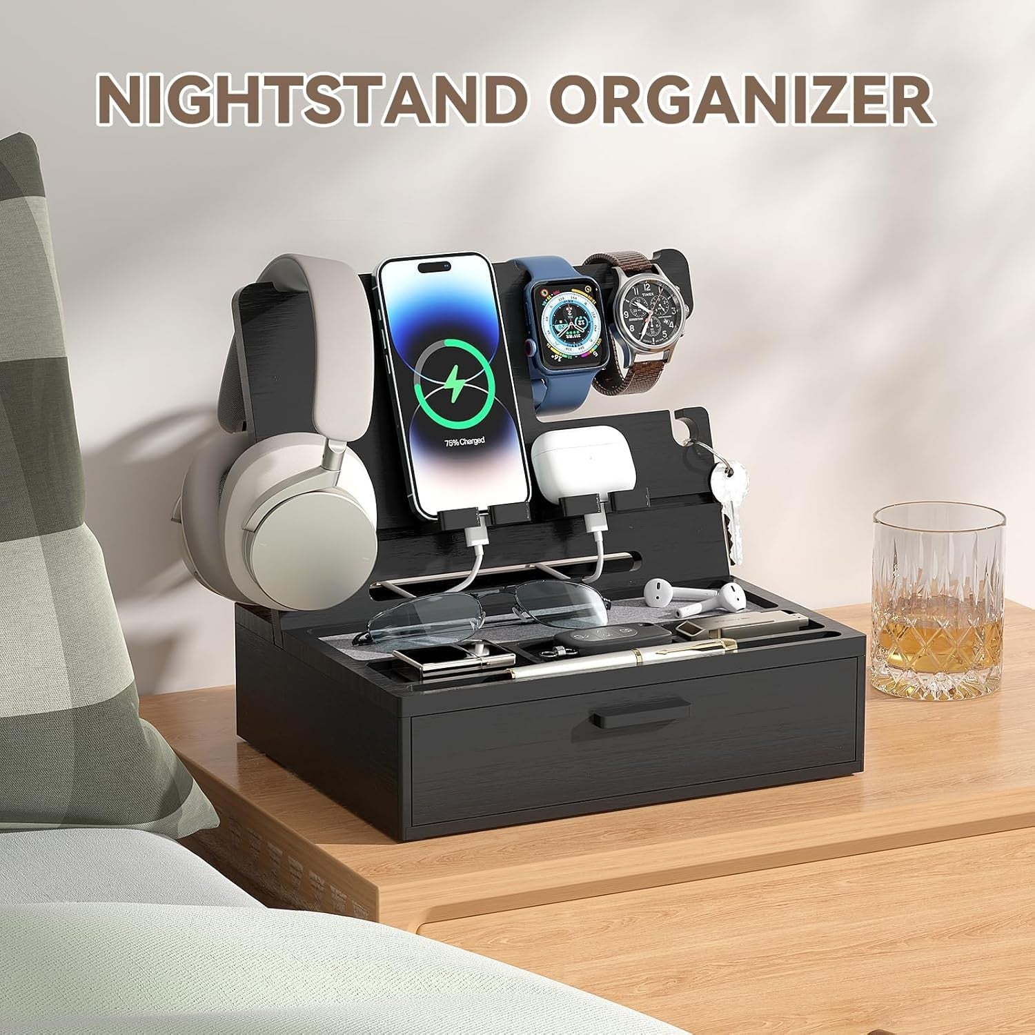 Bamboo Nightstand Organizer Tray with Drawer & Phone Dock, Multi-Device Holder