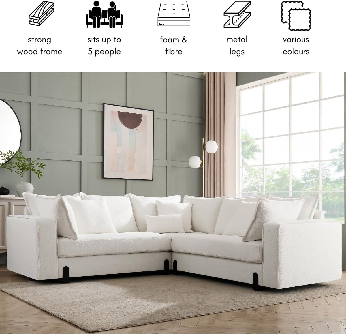 Large 5 Seater L-Shape Corner Sofa - Plush Boucle or Linen Fabric, Modern Comfor