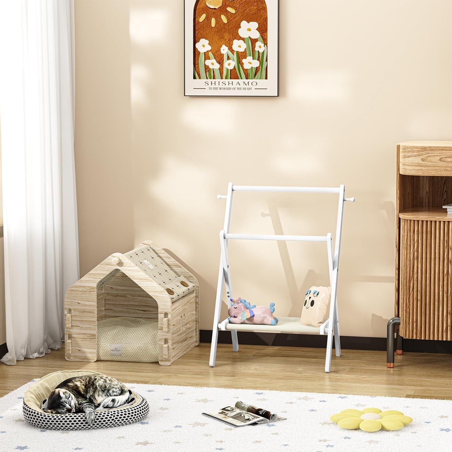 Baby Clothes Rack with Shelf, Double Rods, Bamboo White