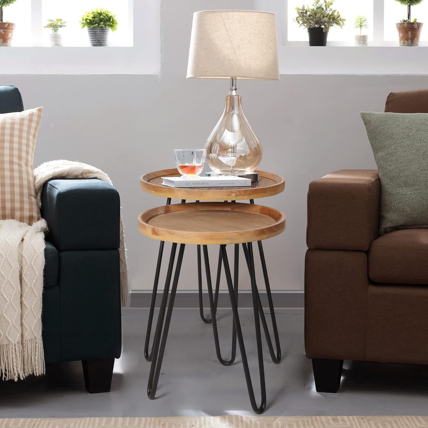Round Wood Nesting Coffee Table Set of 2 End Side Tables Metal Frame Natural
