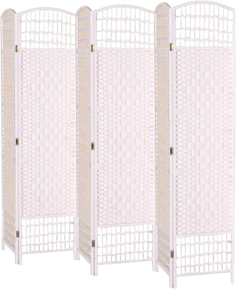 White 6 Panel Wicker Folding Room Divider Handwoven Privacy Screen