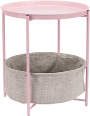 Round Storage End Table Dusty Pink with Fabric Bin 45x45x48cm Modern