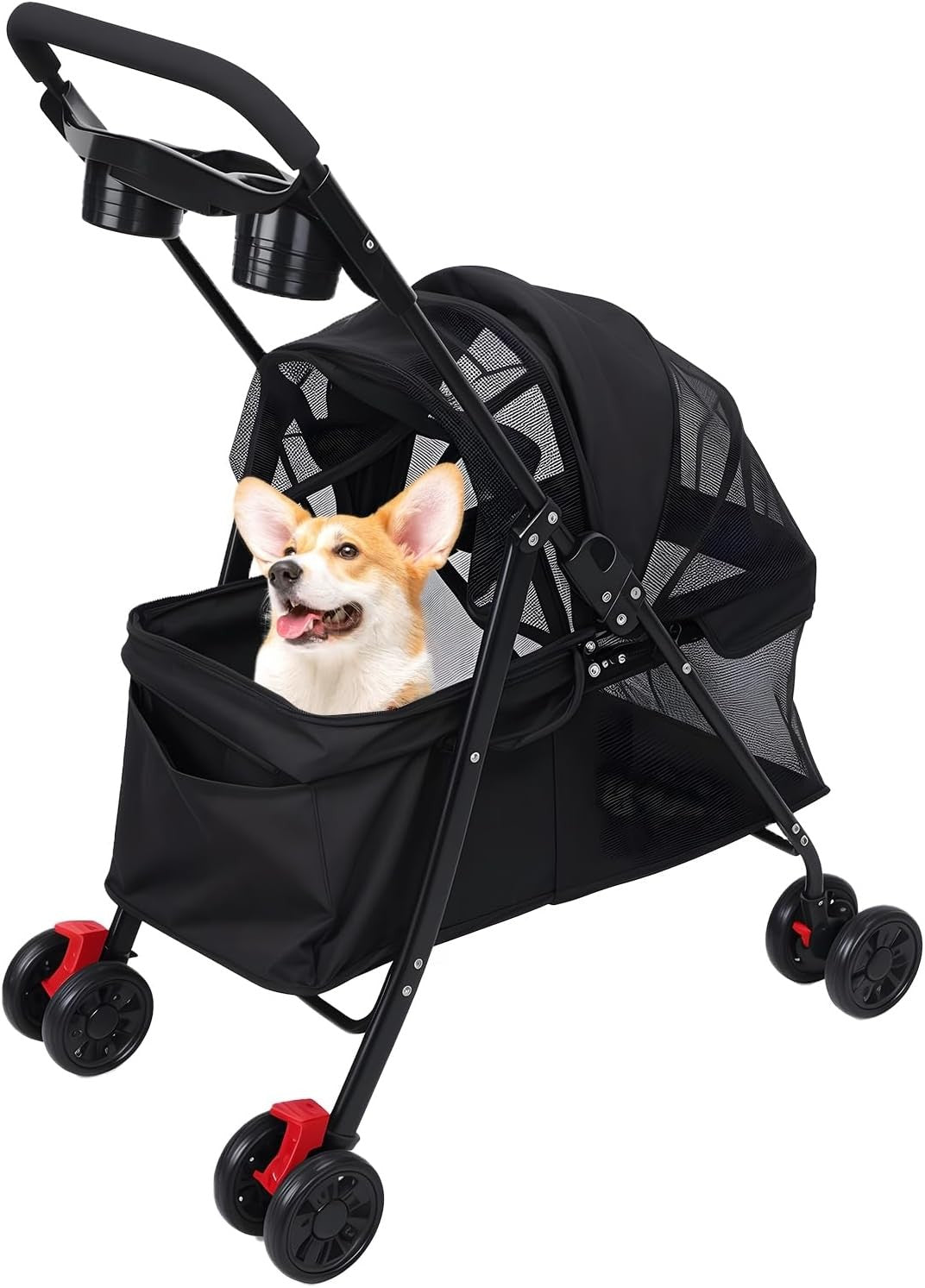 4 Wheel Pet Stroller Folding Dog Pram Breathable Mesh Dual Brakes Travel