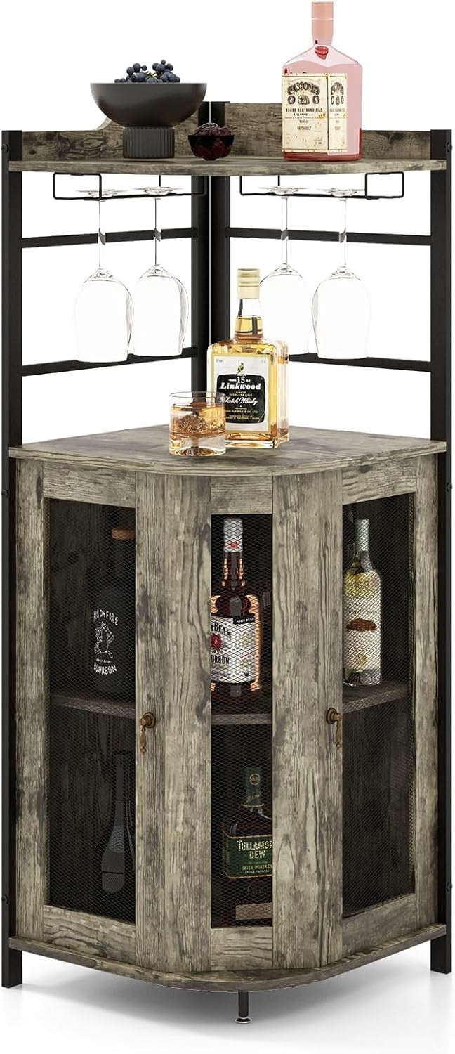 Corner Bar Cabinet with Wine Glass Rack & Storage Shelves Home Drinks Unit