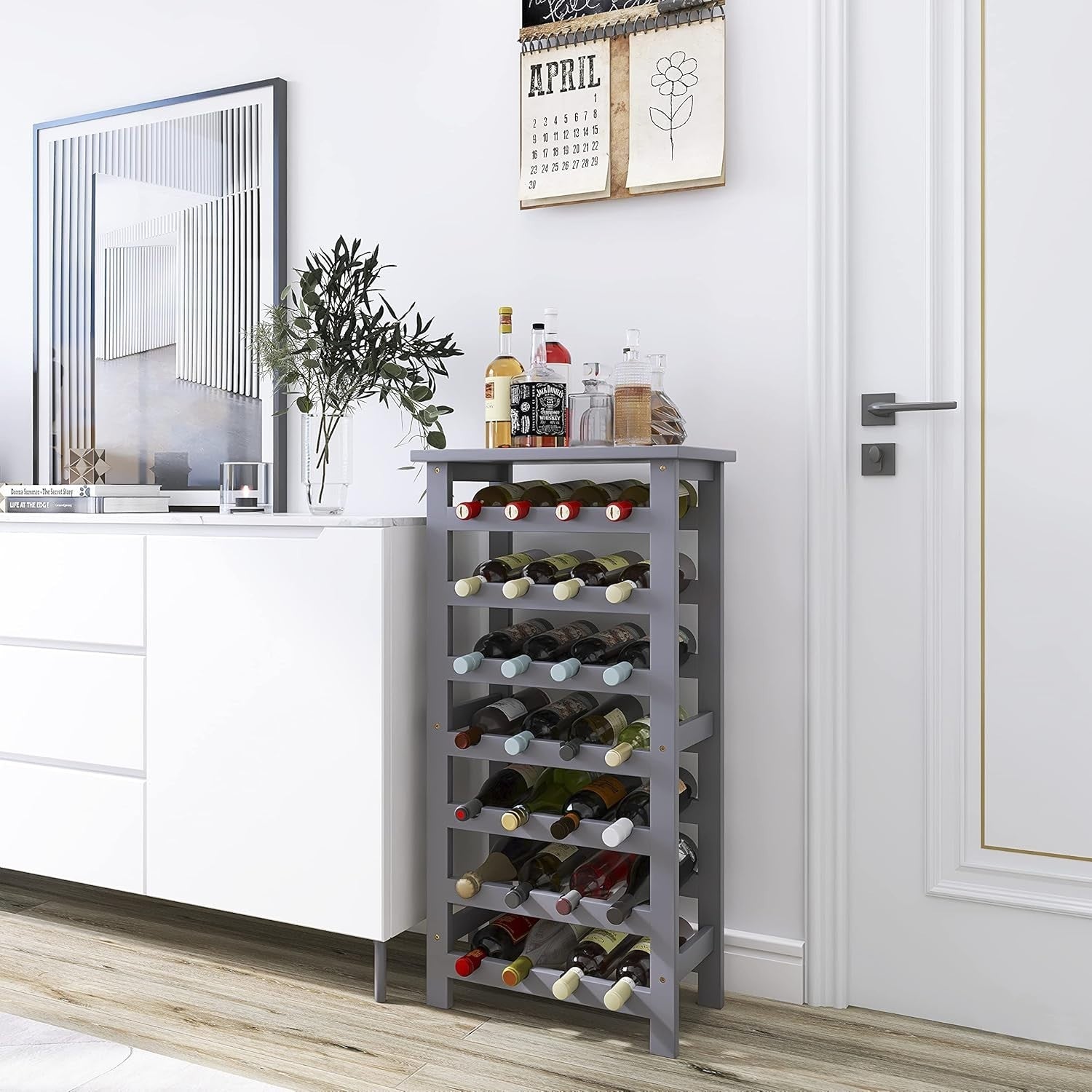 28 Bottle Wine Rack Freestanding Bamboo Storage Shelf 7-Tier with Table Top Grey