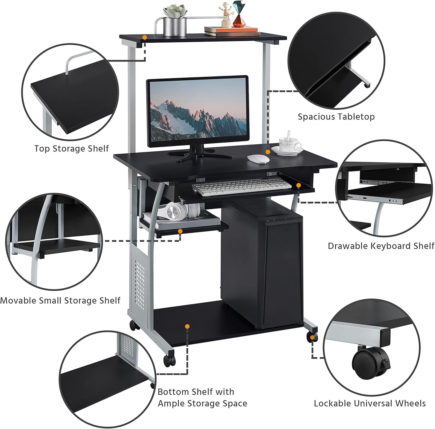 3 Tier Computer Desk with Printer Shelf Keyboard Tray Rolling Home Office