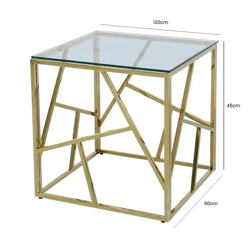 Modern Gold Glass End Table with Abstract Frame | Chic Side Accent Unit