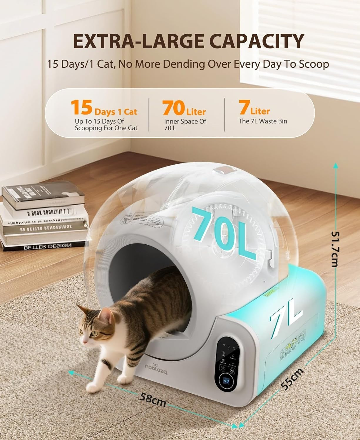 Self Cleaning Cat Litter Box APP Control 70L Multi Cat Odor Control