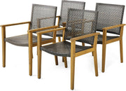 4x Garden Dining Chairs Acacia Wood Rattan Armchairs Outdoor Patio Set