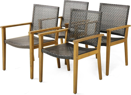 4x Garden Dining Chairs Acacia Wood Rattan Armchairs Outdoor Patio Set