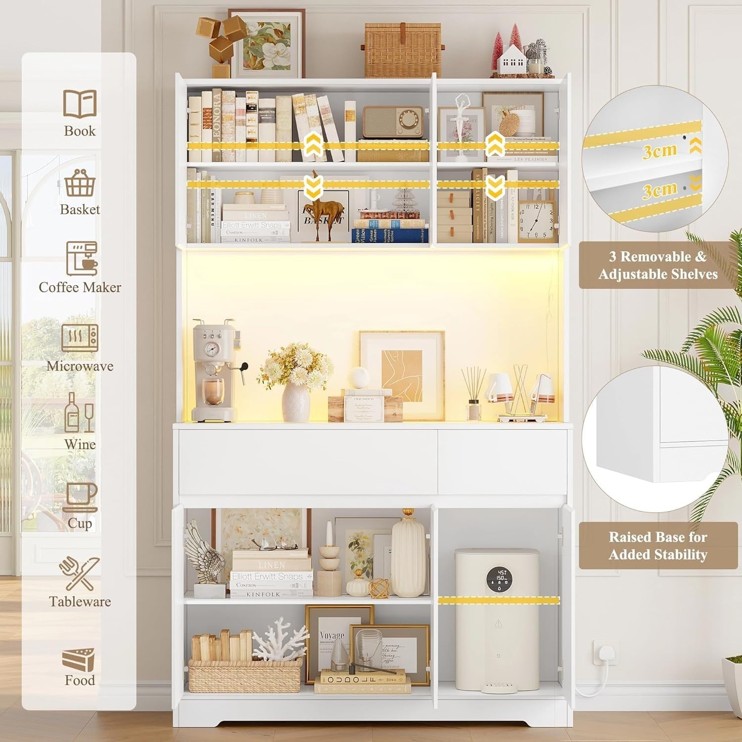 White 180cm Tall Kitchen Cupboard 6 Doors 2 Drawers LED & Power Outlet