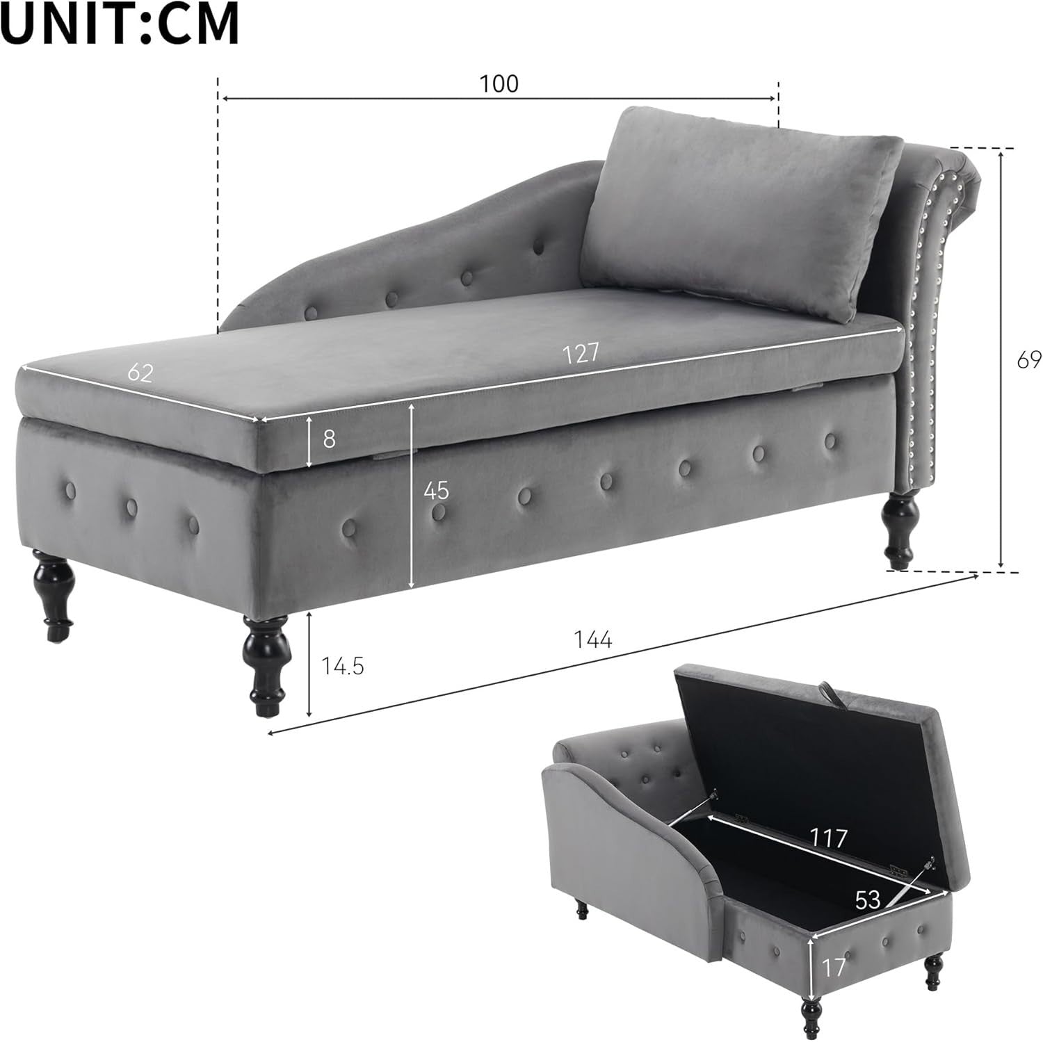 Ergonomic Chaise Lounge Sofa with Storage Velvet Upholstery Grey Beige