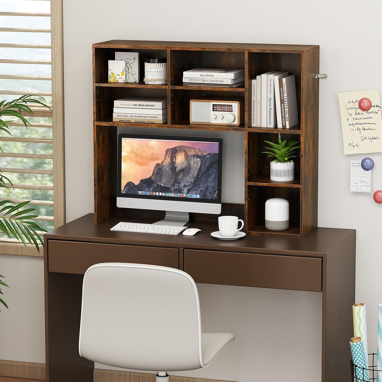 Rustic Brown Desktop Bookshelf 3-Shelf Adjustable Hutch Organizer Rack 94cm
