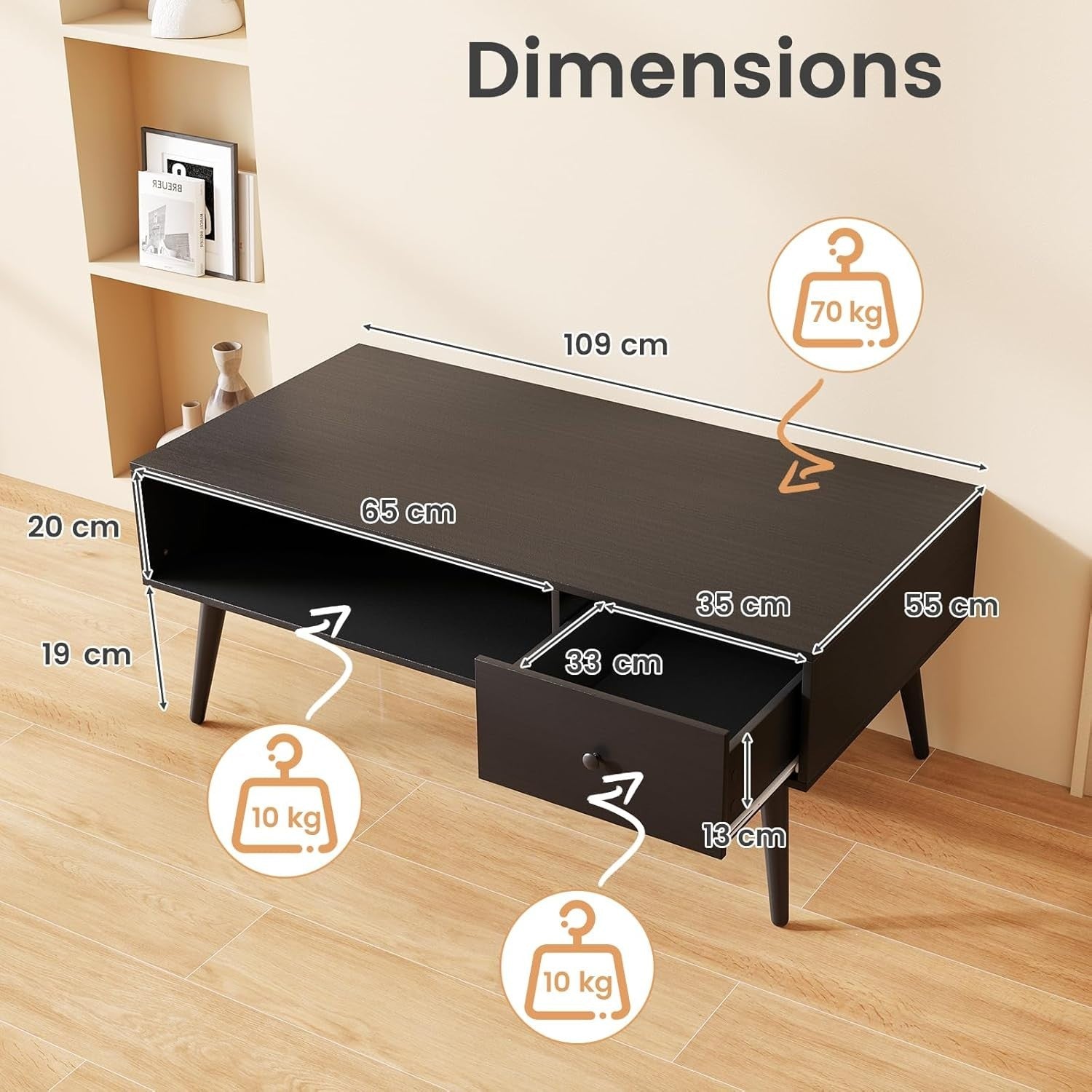Rectangular Coffee Table with Drawer & Storage Shelf – 109x55x42 cm Black