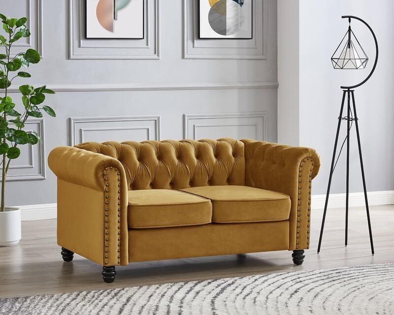 Gold Velvet Chesterfield 2 Seater Sofa Tufted Scroll Arm Couch UK