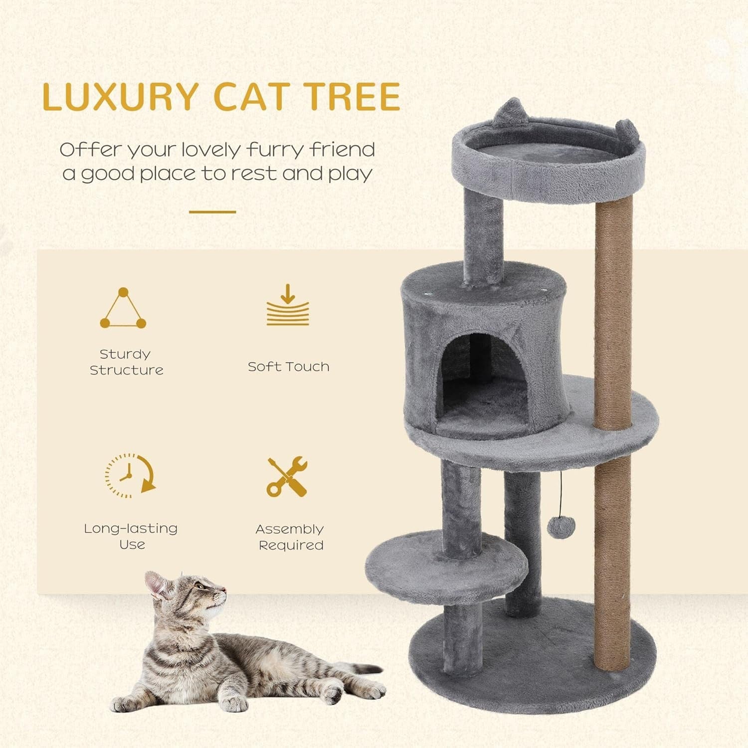 Grey Cat Tree Tower 104cm Condo Scratching Post Plush Perches Hanging Toy