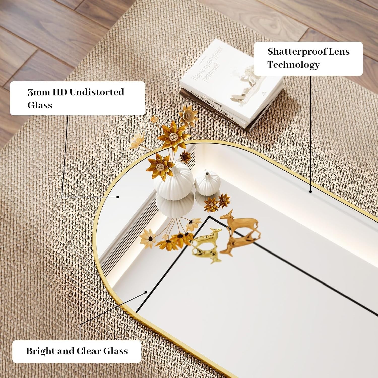 Oval Bathroom Wall Mirror 56x96 cm Tempered Glass Gold Frame, Distortion-Free