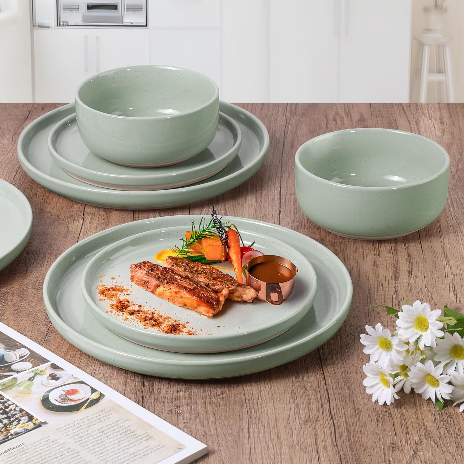 6pc Stoneware Dinnerware Set Plates Bowls Green for 2