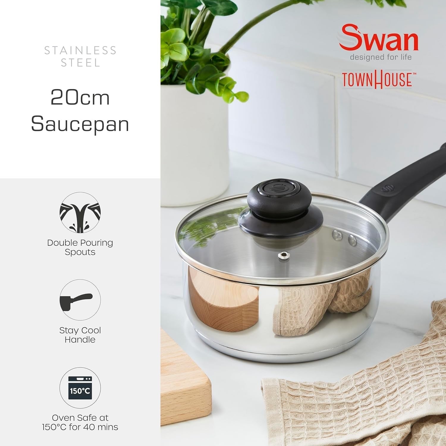 20cm Stainless Steel Saucepan Cookware with Glass Lids Suitable for All Hob Type
