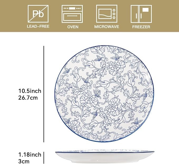 6pc 10.5 Inch Blue Porcelain Dinner Plates Set Large Microwave Safe
