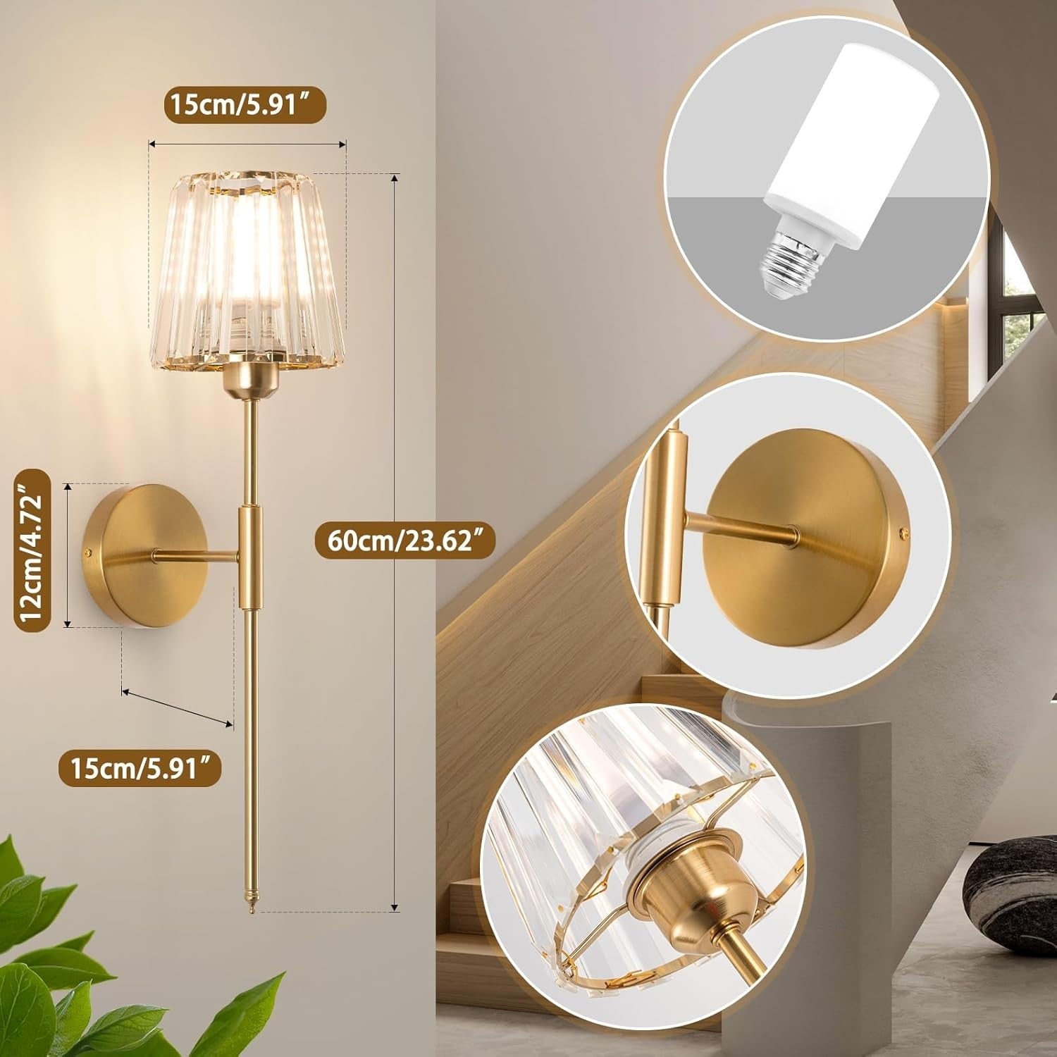 Gold Crystal Wall Sconces Set of 2 Battery Powered RGB Lights with Remote