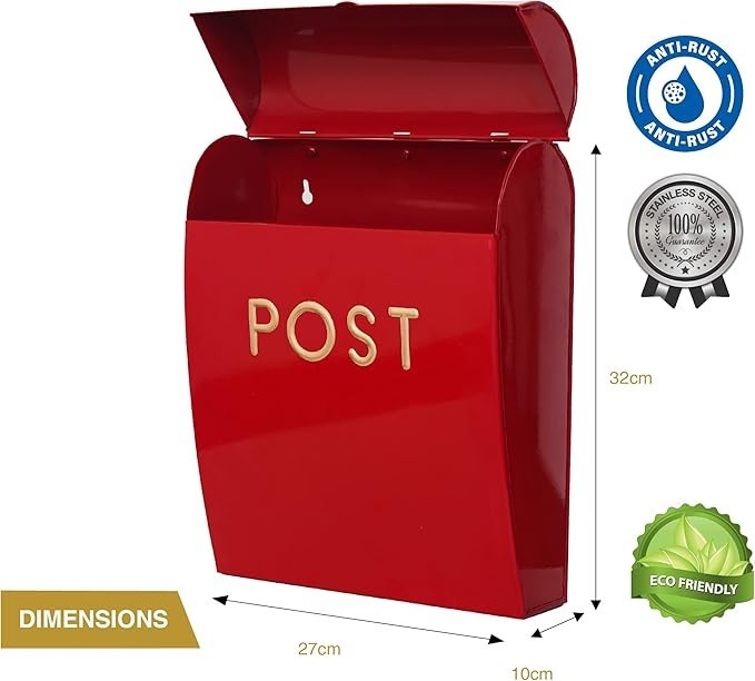 Wall Mounted Mailbox Red Aluminium Weatherproof Secure Post Box Easy Install