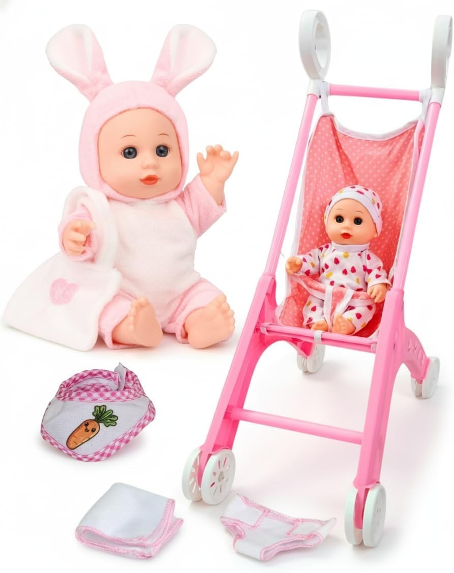 Baby Doll Pram Set Stroller 10pc Accessories Role Play Toy Girls