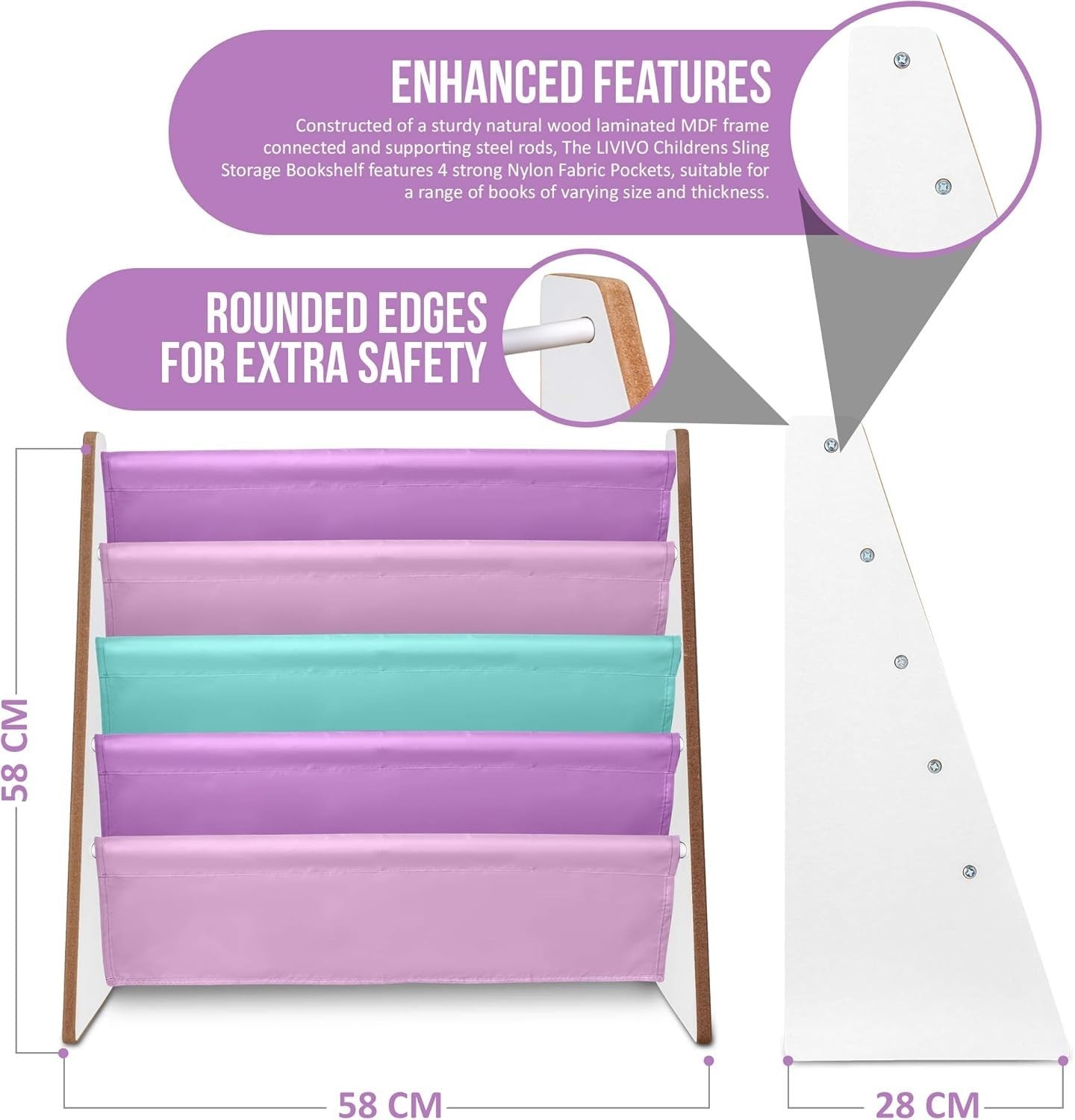 Kids Pink Sling Bookshelf – 4-Tier Wooden Storage with Soft Fabric Shelves