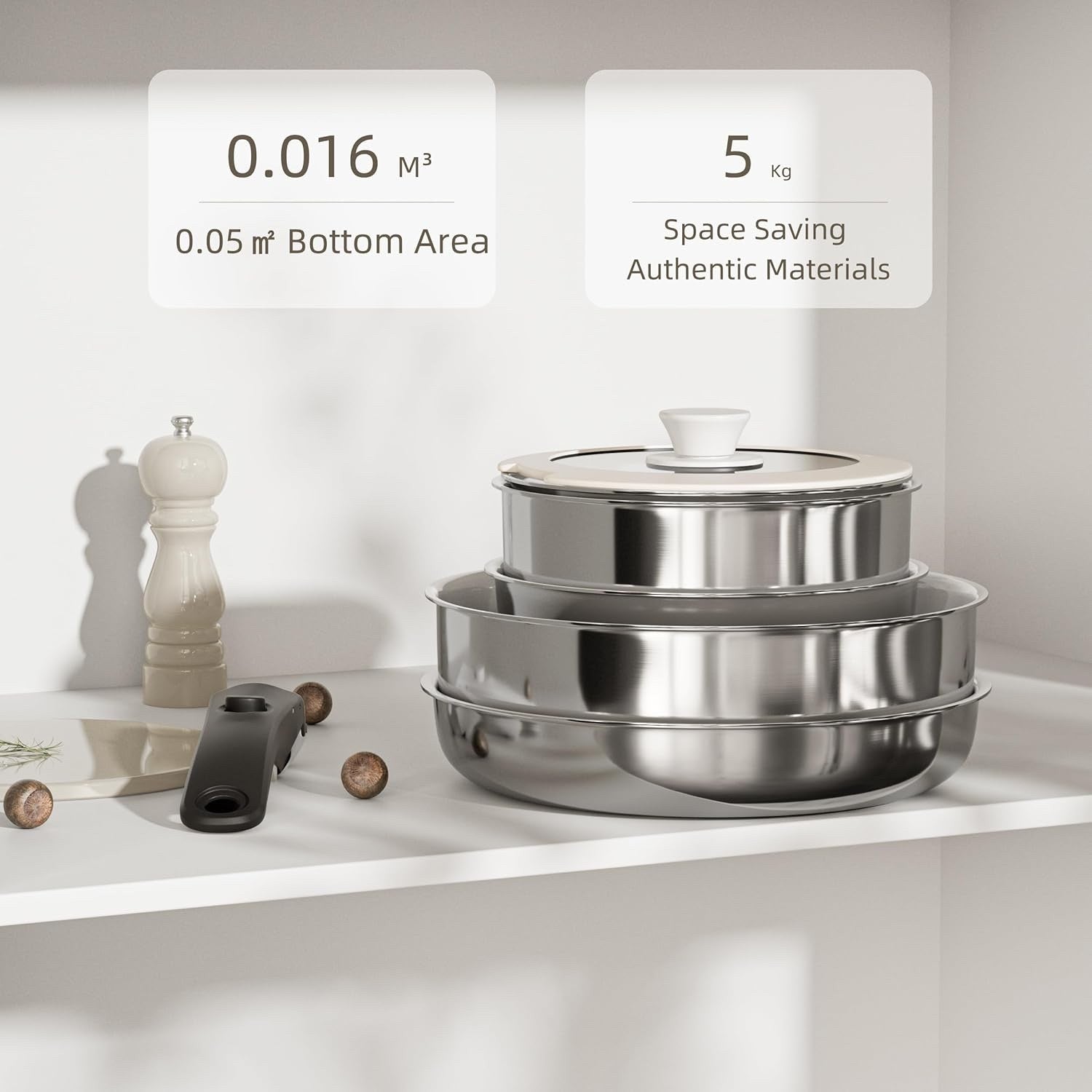 5Pcs Stainless Steel+ Pots Pans Set with Lids & Detachable Handle Induction Safe