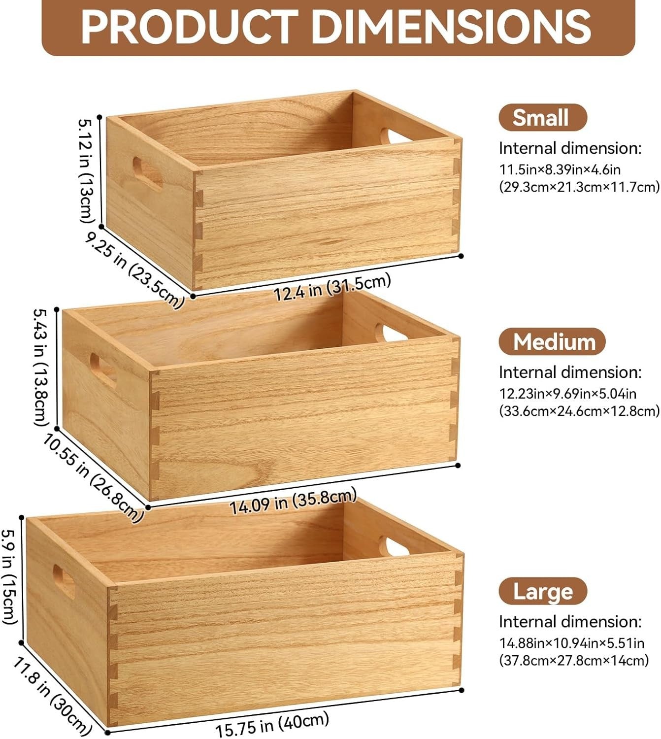 Set of 3 Nesting Wooden Crates with Handles 42.3x32x18.5cm Natural Organizer