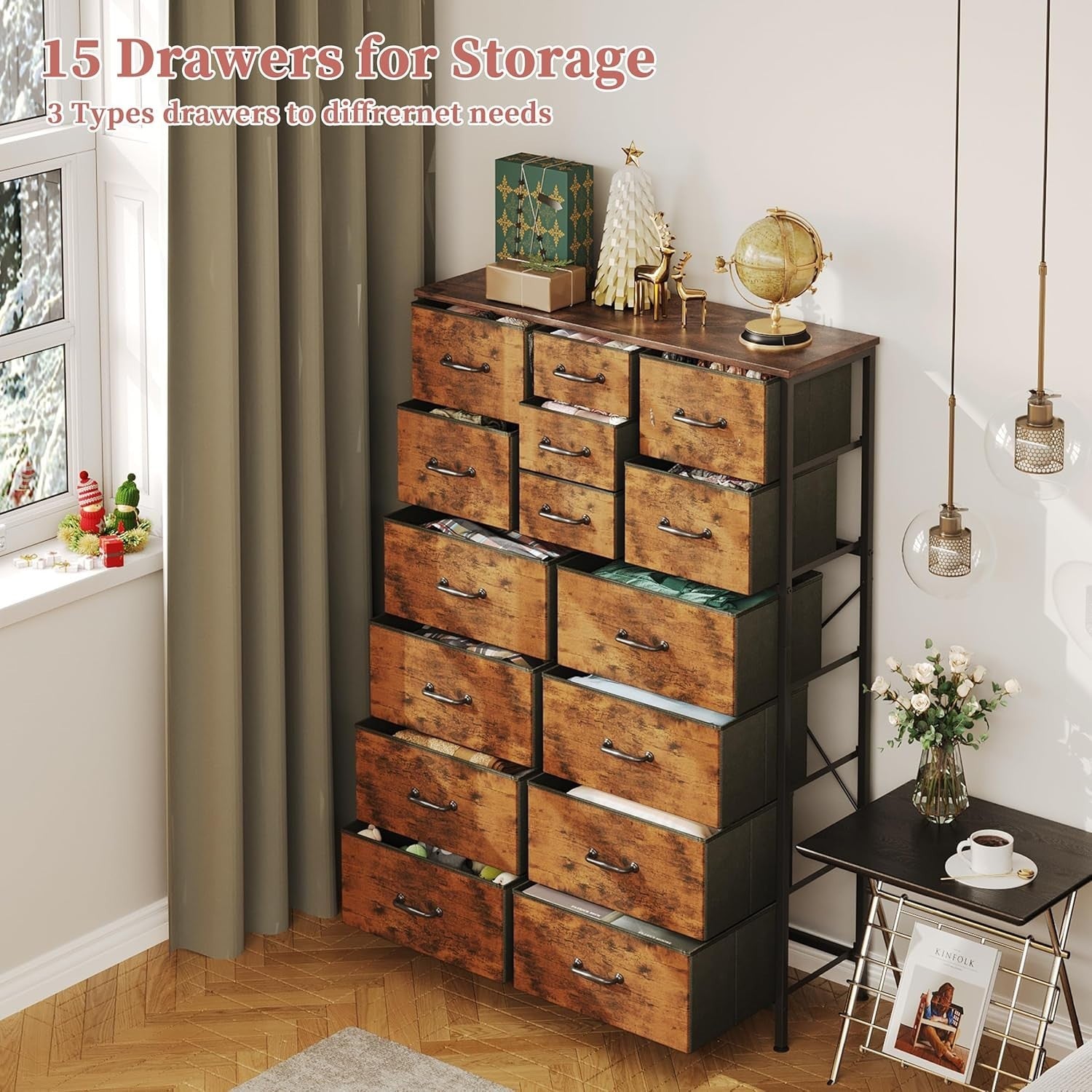 15 Drawer Fabric Chest Dresser Wood Top Tall Storage Unit Rustic Brown