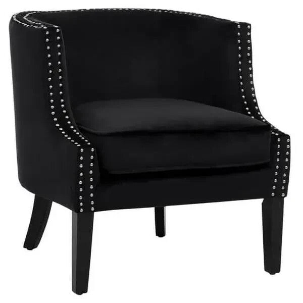 Black Velvet Studded Accent Chair with Foam Seat & Rubberwood Frame