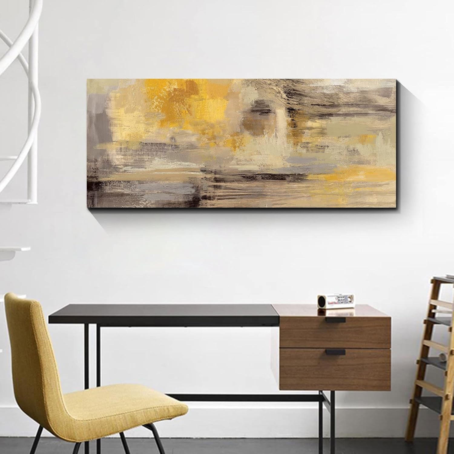 Large Abstract Canvas Wall Art Mustard Yellow Grey Framed 120x50cm