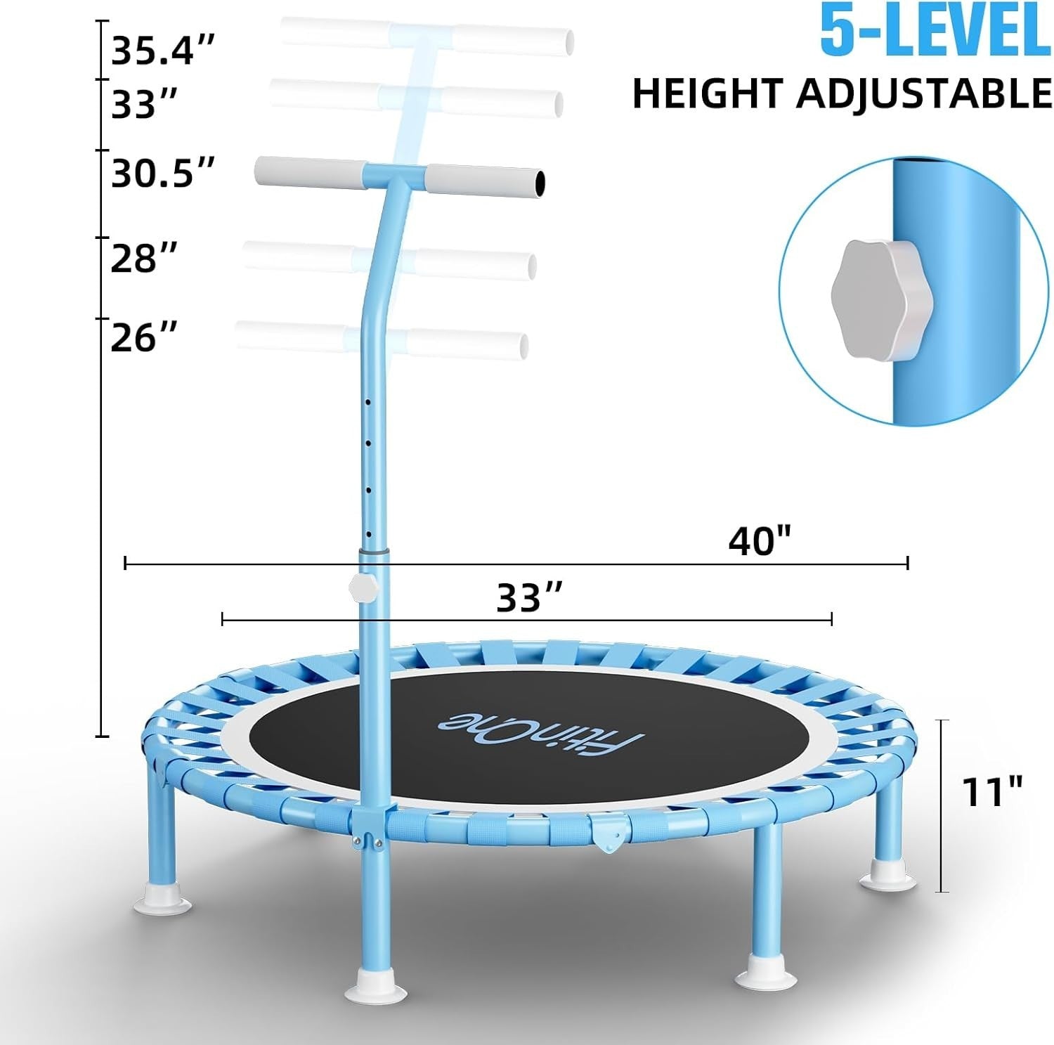 40” Folding Mini Trampoline Indoor Rebounder w T Handle Quiet 150KG