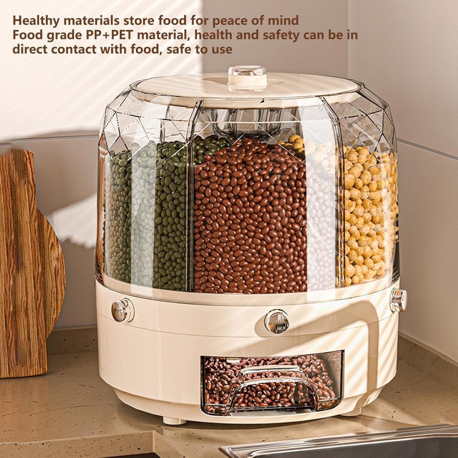 Round Rotating Grain Dispenser 6 Grid Dry Food Storage Jar Button Press